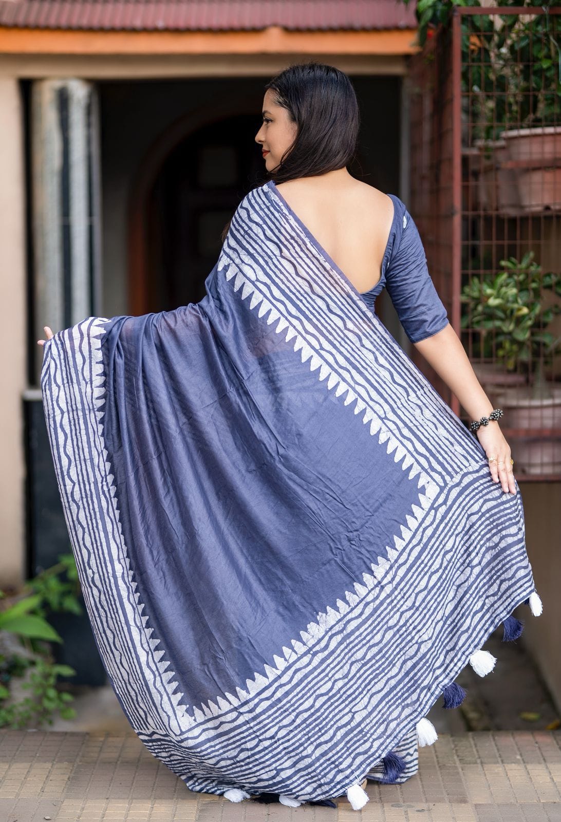 Digital Position Print Tusser Linen Saree